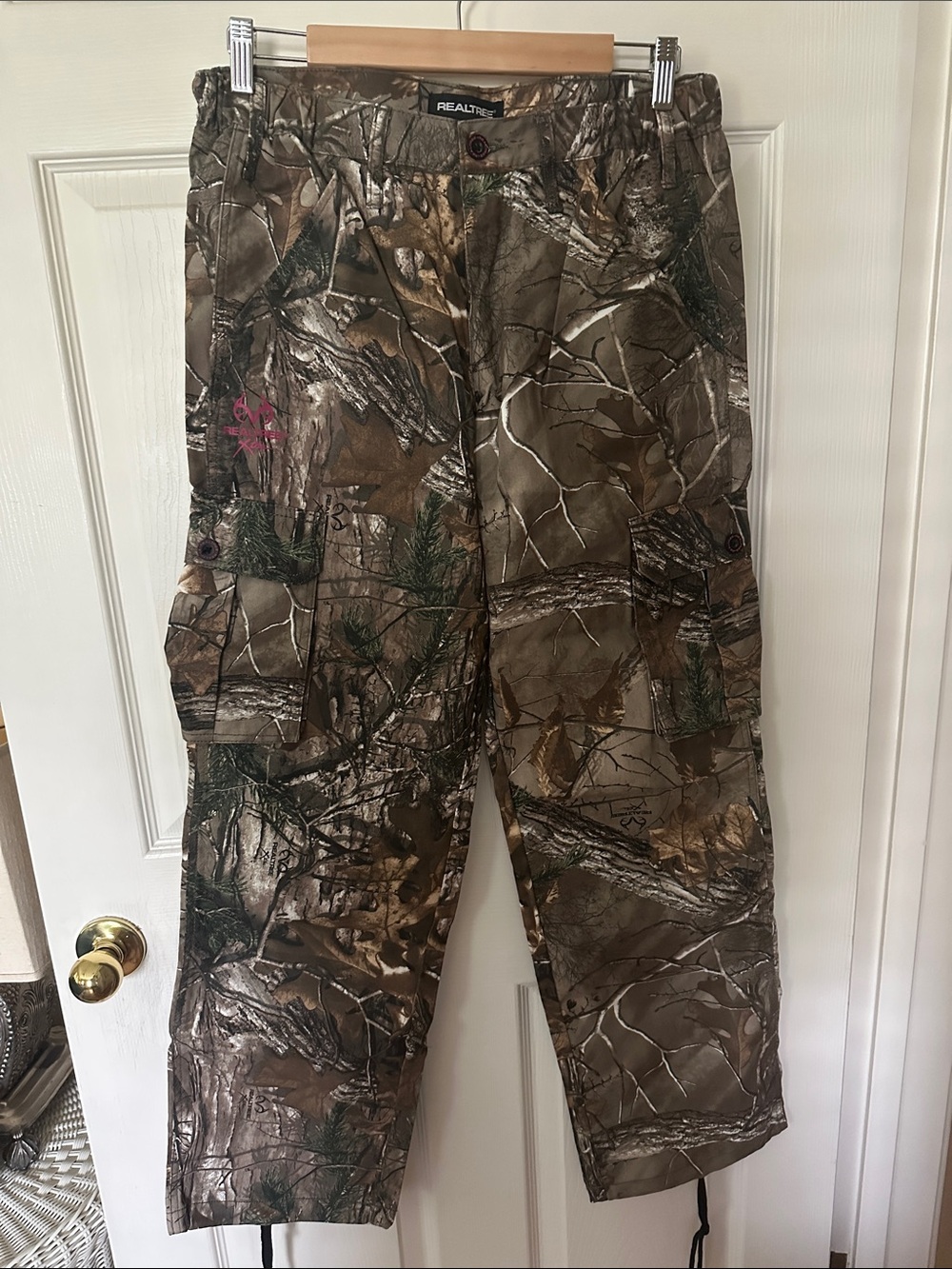 Realtree - Women's Camo Cargo Pants in Brown and Green with Pink Logo